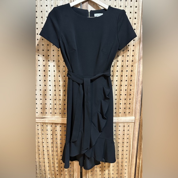 Calvin Klein Women's Short Sleeve Ruffle Skirt Little Black Dress - Picture 2 of 6
